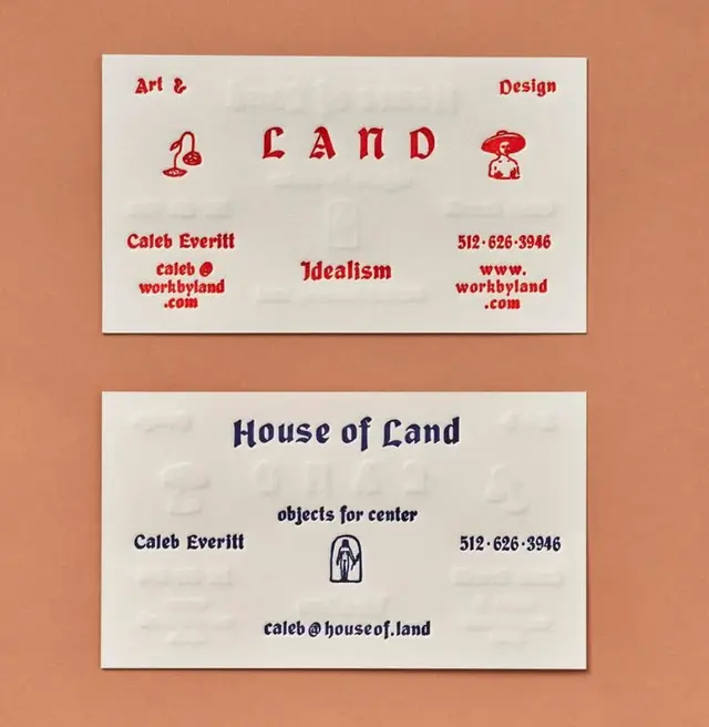 Embossed business cards: 'LAND' and 'House of Land' — Caleb Everitt