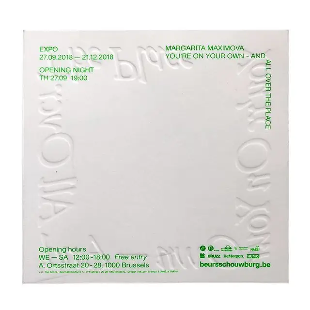 Minimal embossed exhibition invitation — Margarita Maximova, Beursschouwburg (Brussels)