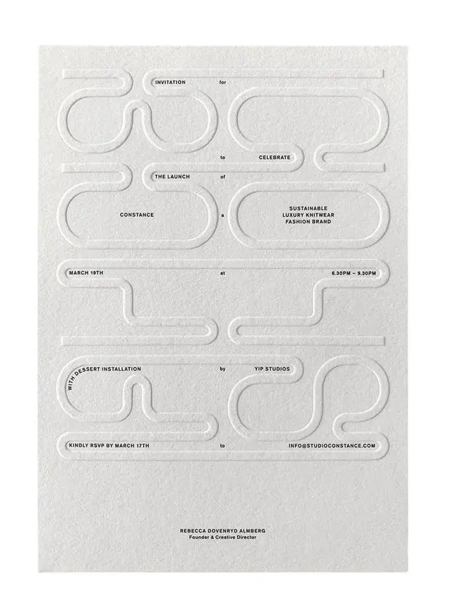 Debossed white invitation for CONSTANCE knitwear launch