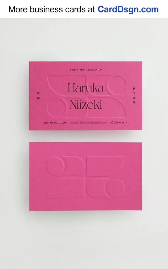 Hot‑pink embossed business card for Haruka Niizoki — letterpress geometric motif