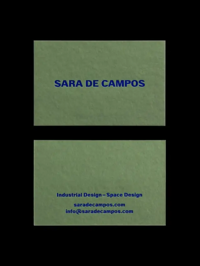 Sara de Campos business cards — green textured stock with cobalt-blue sans serif text