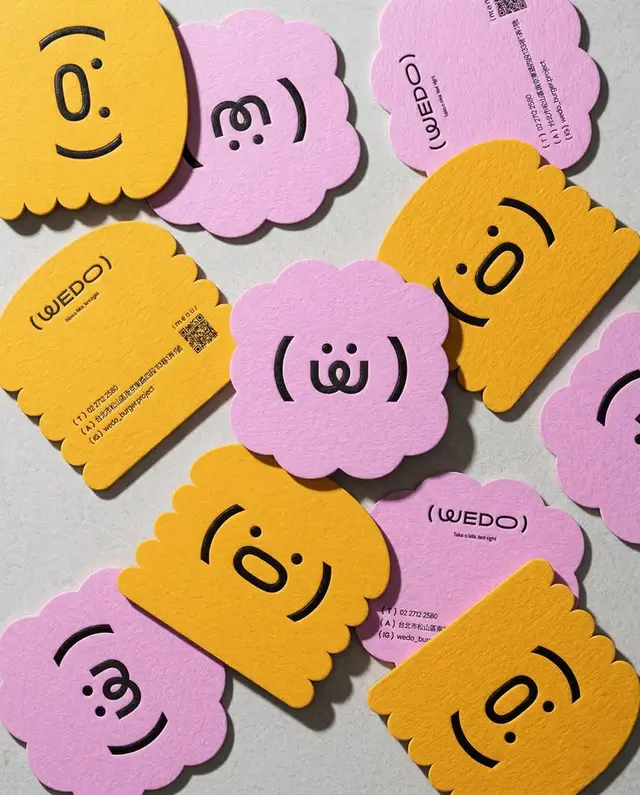 WEDO die-cut emoticon cards — pastel pink & mustard yellow promotional cards