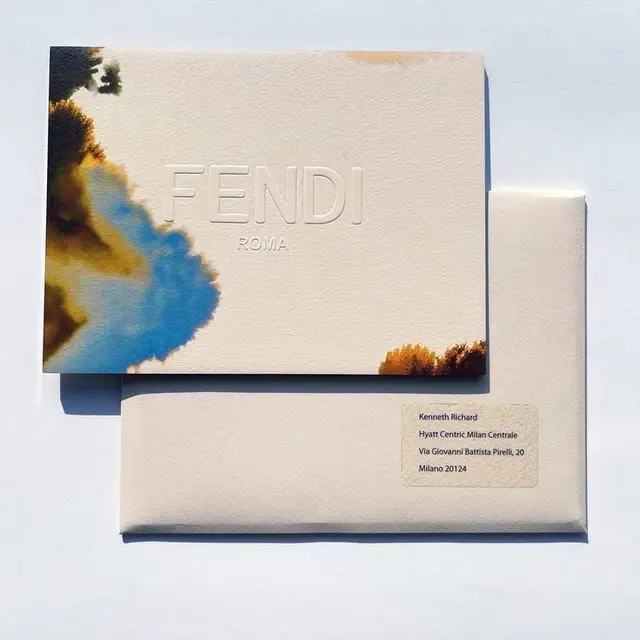 FENDI ROMA embossed invitation card and envelope with watercolor ink wash