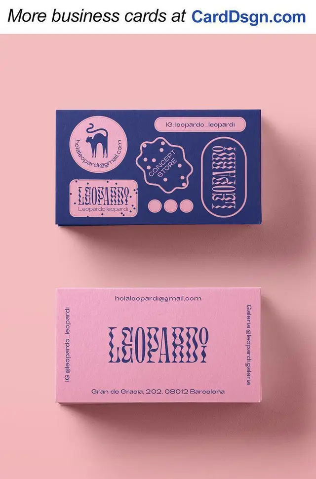 LEOPARDO two-tone business cards and sticker sheet — pastel pink & navy