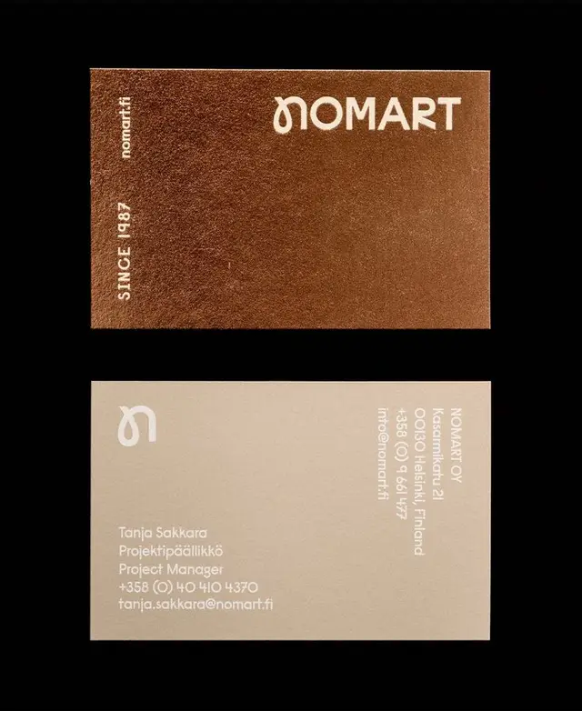 NOMART bronze-foil business cards — Tanja Sakkara, Project Manager