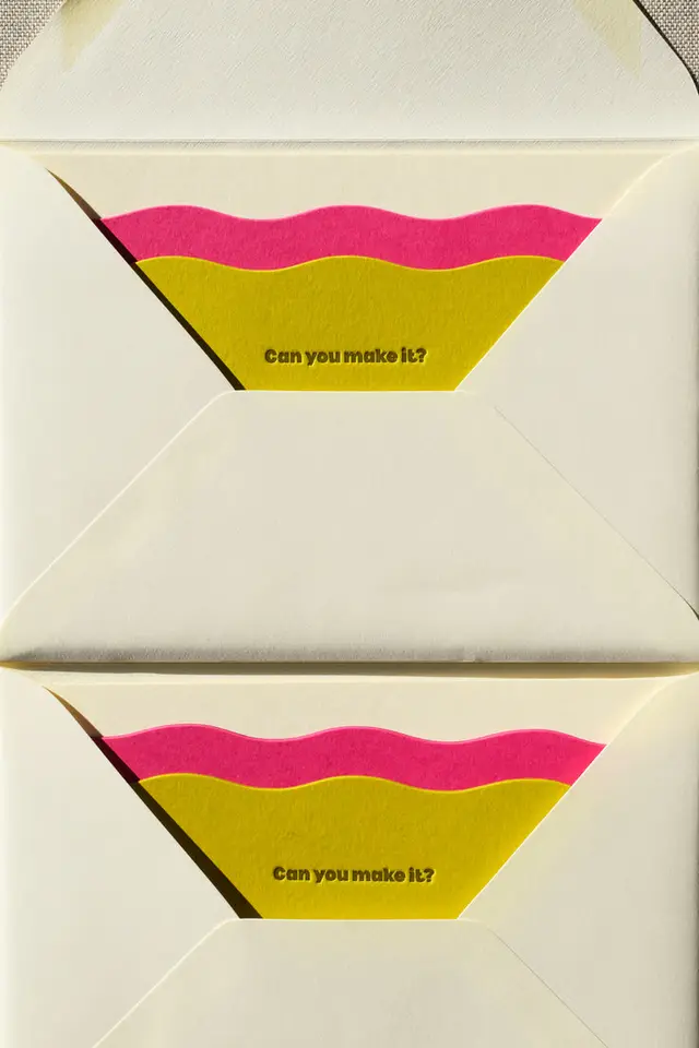 Cream envelopes with pink and chartreuse scalloped liners — "Can you make it?"