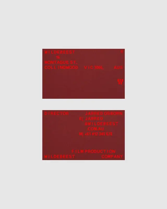 WILDEBEEST film production business cards — maroon minimalist branding