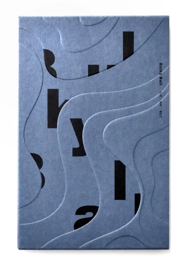 Blue linen book cover with embossed contour lines and black negative-space type