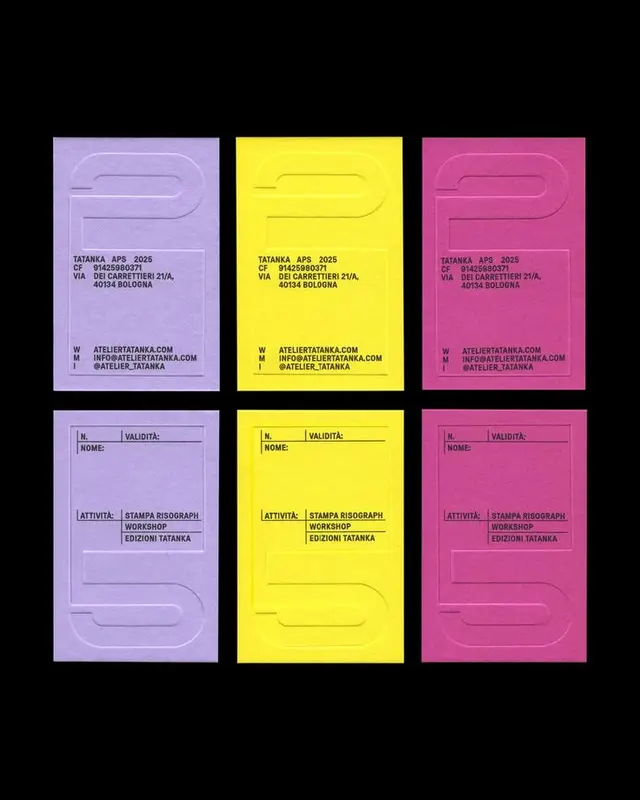 Tatanka risograph workshop cards — lavender, yellow, magenta embossed set
