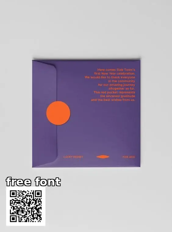 Purple square 'red pocket' envelope with orange sticker and QR code