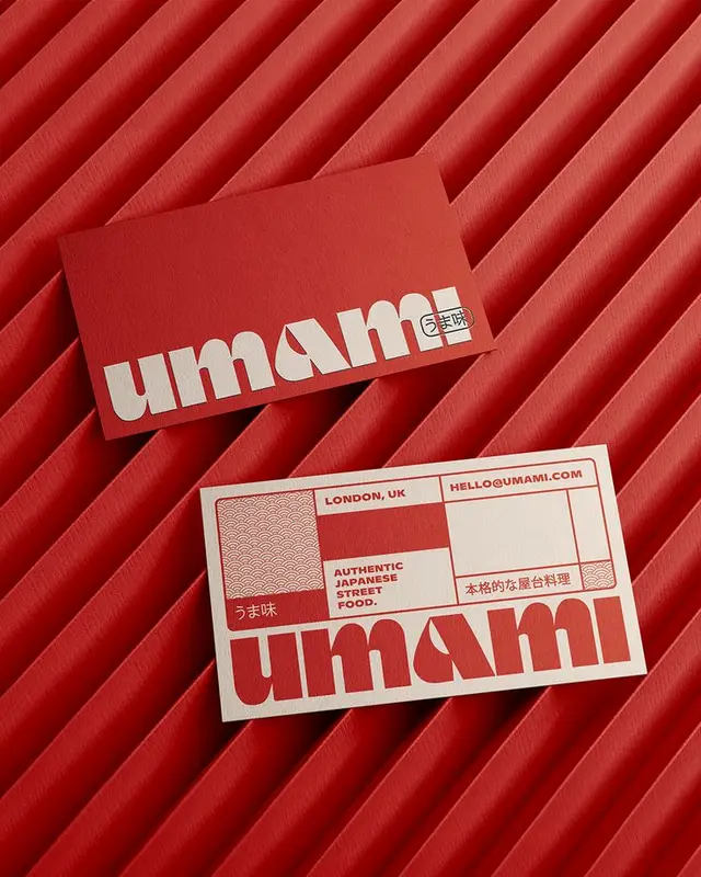 Umami restaurant business cards — red minimal branding