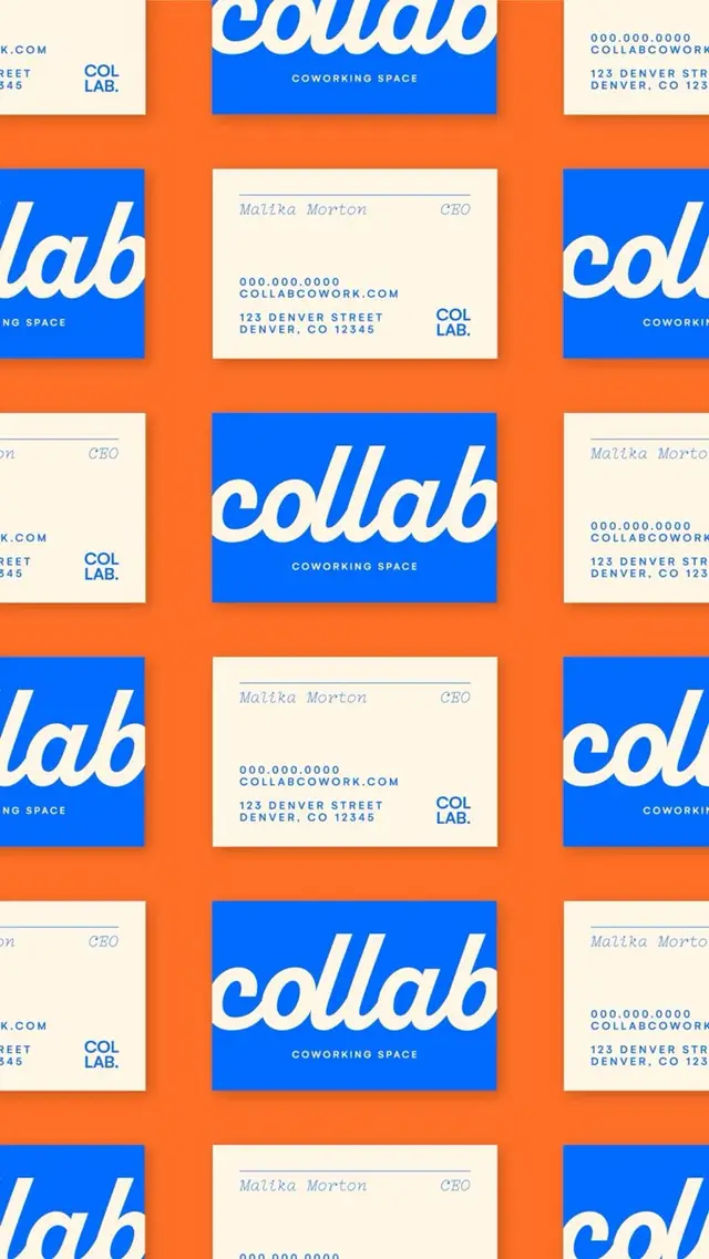 Collab coworking business-card branding grid — blue & cream on orange