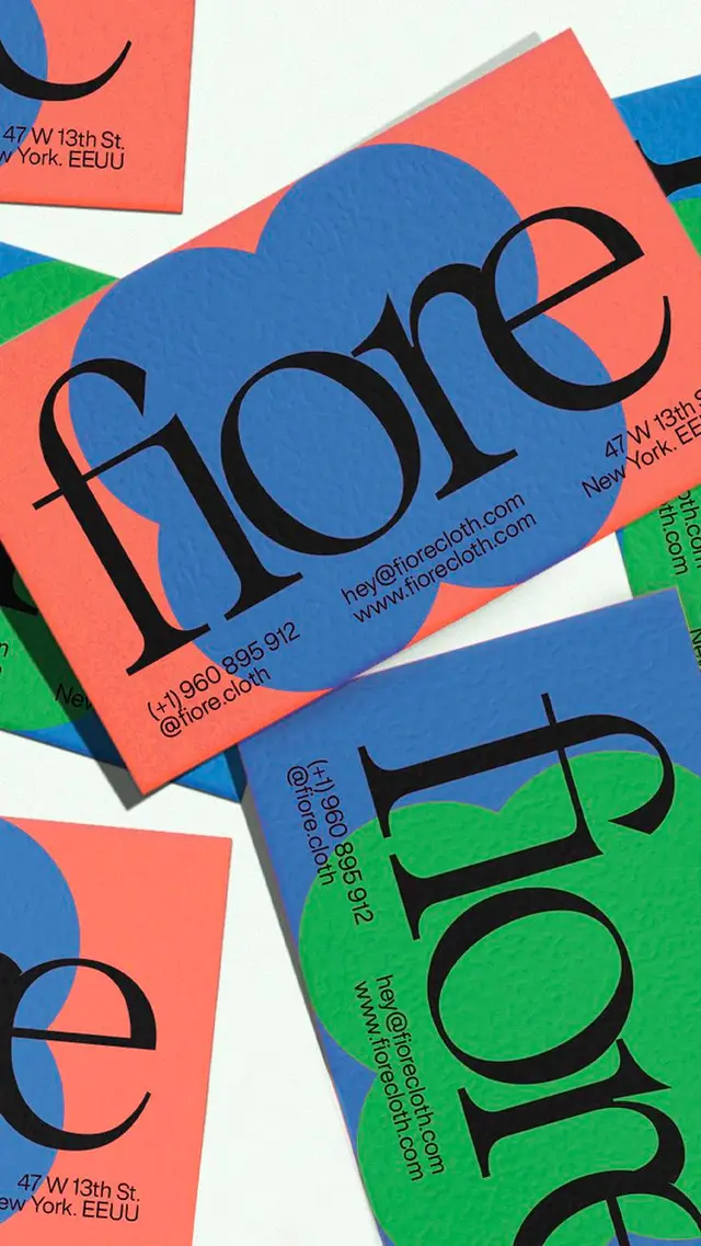 Fiore stationery — bold serif business cards with scalloped color blocks