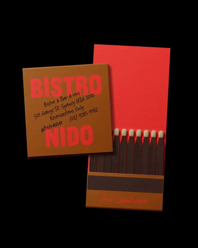 Bistro Nido matchbook — promotional matches with address (501 George St, Sydney)