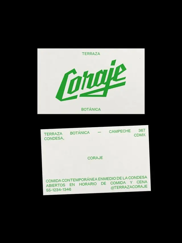 Coraje — terrace botánica restaurant identity cards (green logotype)