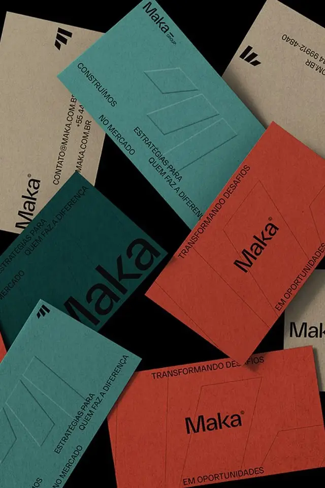 Maka branded business cards on textured cardstock — teal, terracotta, kraft