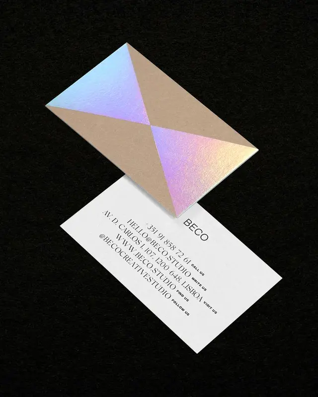 BECO business card with folded holographic kraft sleeve, flat-lay product shot