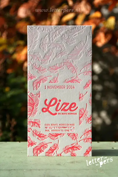 Letterpress birth announcement card 'Lize' — embossed pink feather pattern