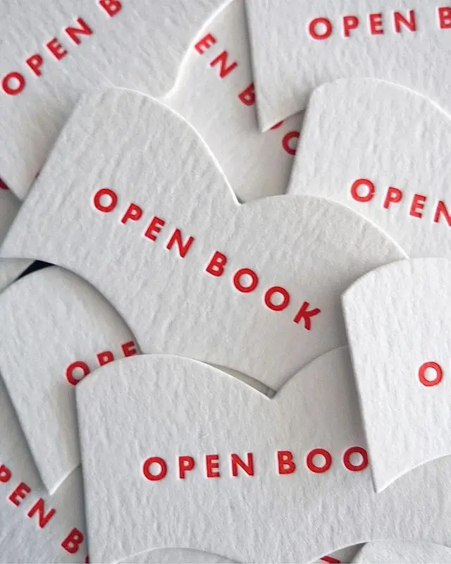 Letterpress Die‑cut Cards Shaped Like an Open Book with Red 'OPEN BOOK' Text