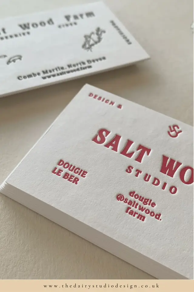 Square letterpress business cards for Salt Wood Studio on textured cotton stock