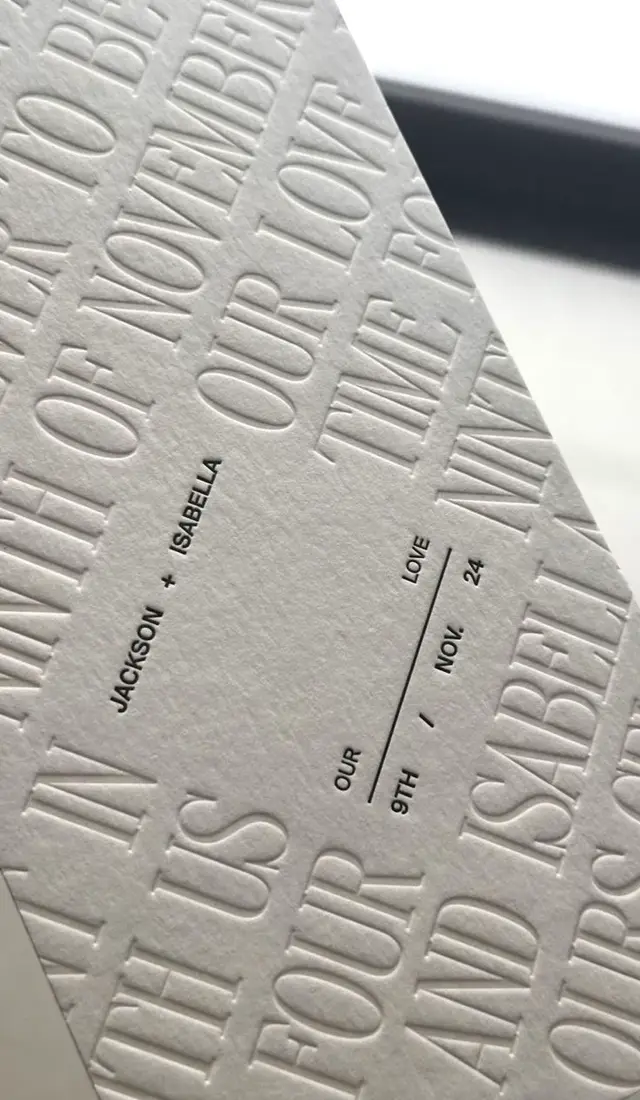 Embossed letterpress wedding invitation — Jackson + Isabella, Nov. 24