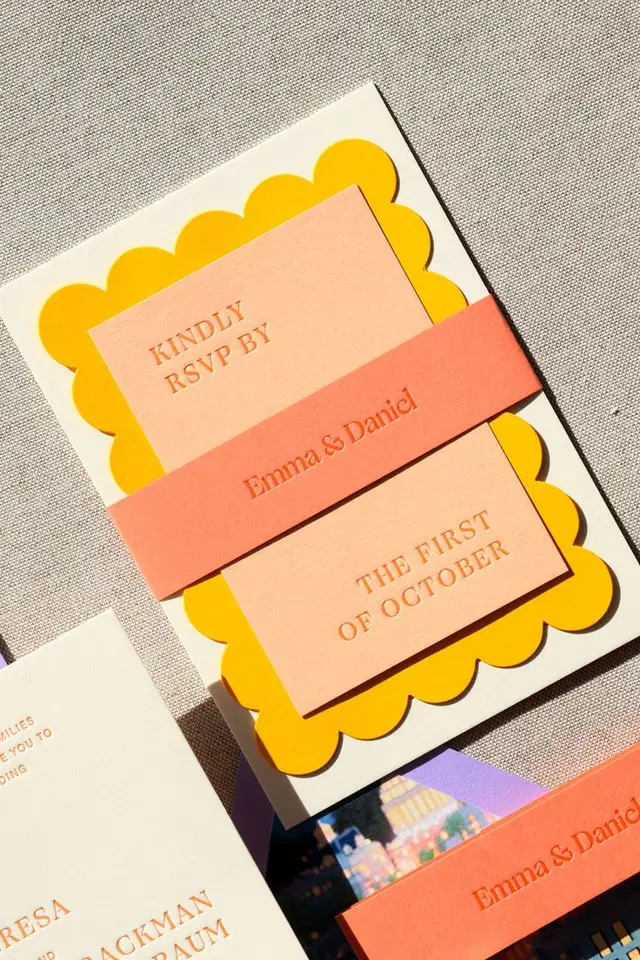 Peach & coral scalloped wedding RSVP with mustard scallop backing