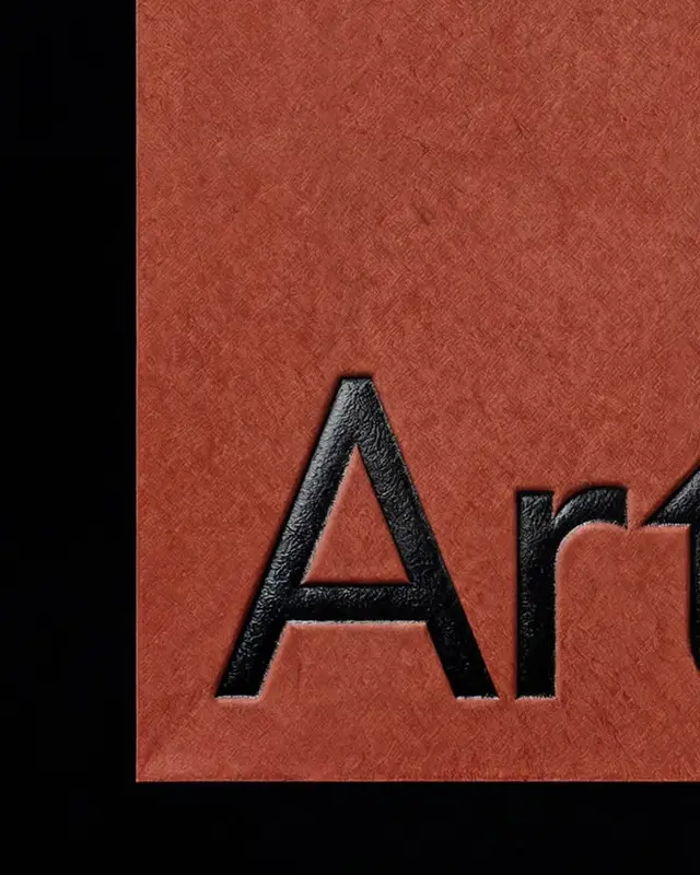 Close-up: black glossy embossed letters on rust leather cover