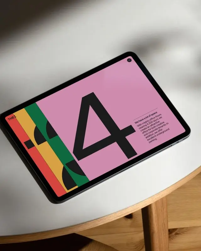 Tablet showing bold typographic layout with large '4' on pink background