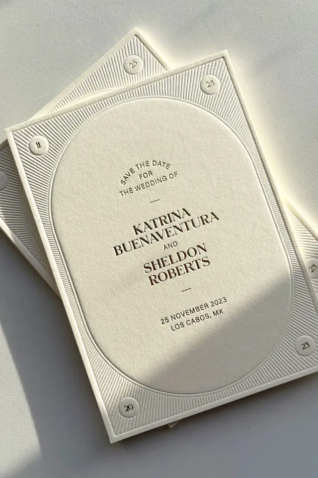 Cream letterpress save-the-date — Katrina Buenaventura & Sheldon Roberts