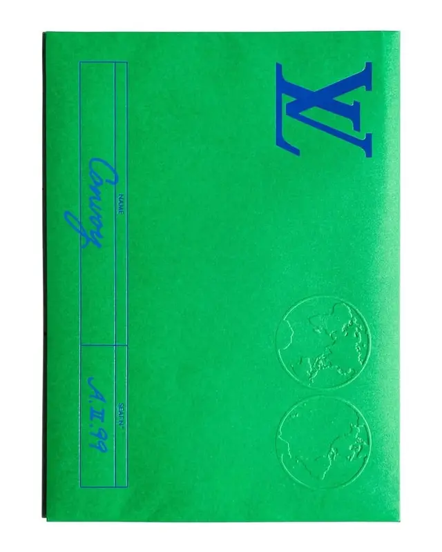 Green coated-paper notebook with blue LV monogram and embossed globes
