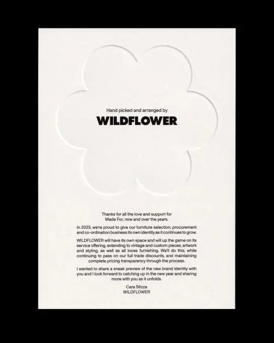 WILDFLOWER embossed brand announcement on white paper