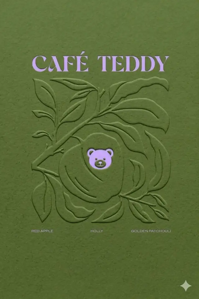 CAFÉ TEDDY embossed botanical label on moss-green textured paper