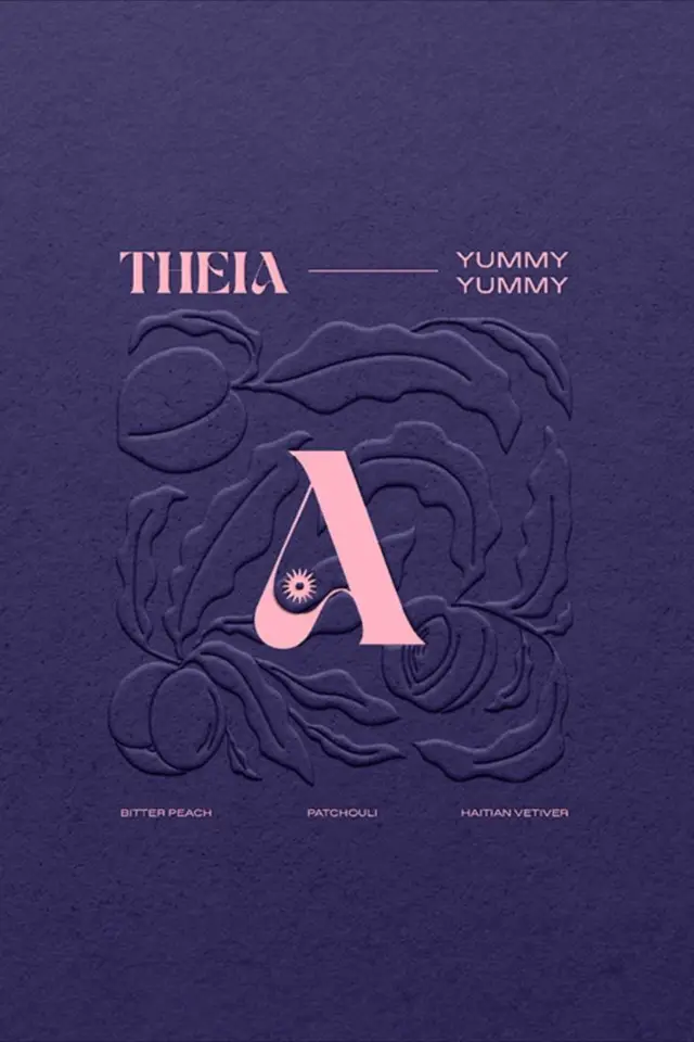 THEIA perfume label — embossed botanical monogram 'A'