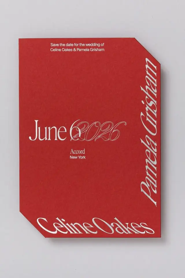 Red typographic save-the-date card — June 2026 (Celine Oakes & Pamela Grisham)