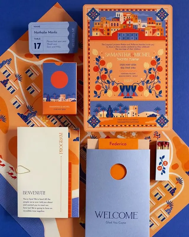 Orange & cobalt Mediterranean wedding invitation suite — Samantha & Michel