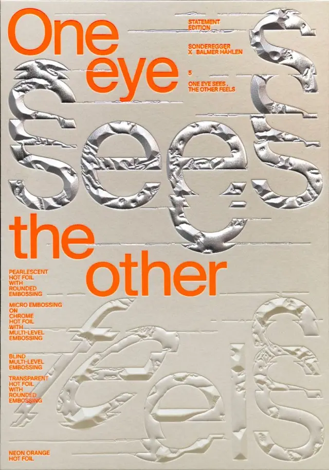 Tactile print specimen poster — neon orange headline with silver embossed type
