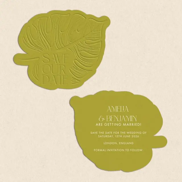 Leaf-shaped olive-green die-cut wedding save-the-date — Amelia & Benjamin, 13 June 2026, L