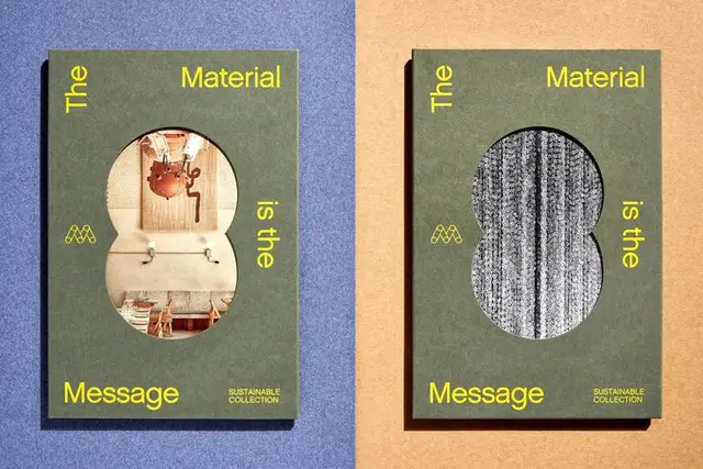 Editorial book covers: 'The Material is the Message' — sustainable collection packaging