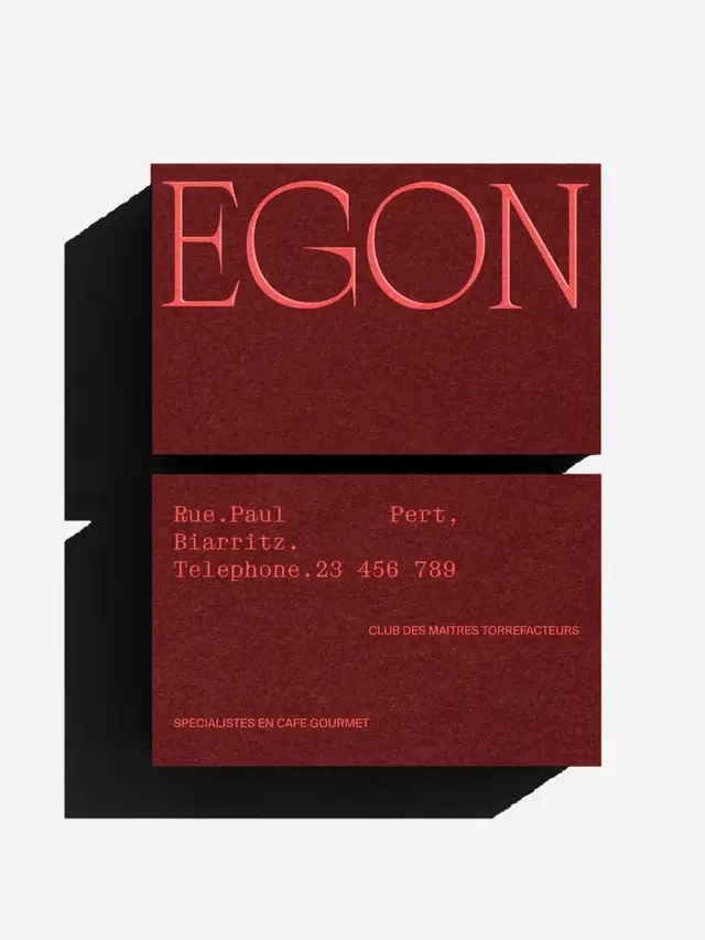 EGON maroon letterpress business card — coffee roasters branding