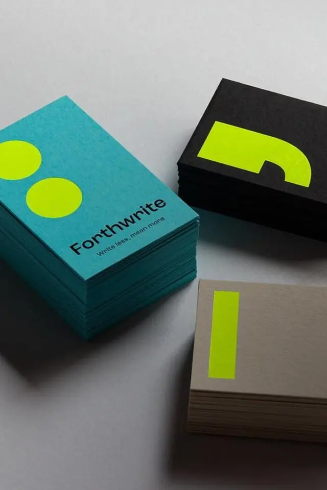 Forthwrite business cards — teal, black and neon chartreuse accents