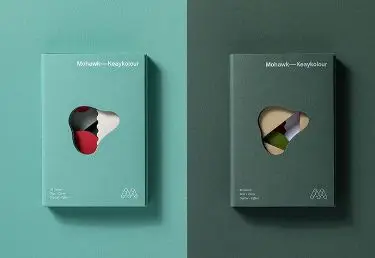 Minimal matte product boxes with heart-shaped die-cut windows on split mint and teal backg