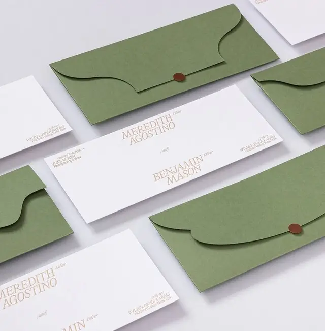 Olive-green envelope wedding stationery suite with brown round seal