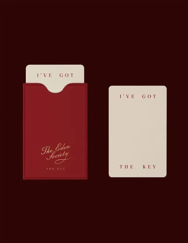 The Eden Society — burgundy card sleeve and cream card ('I've Got The Key')