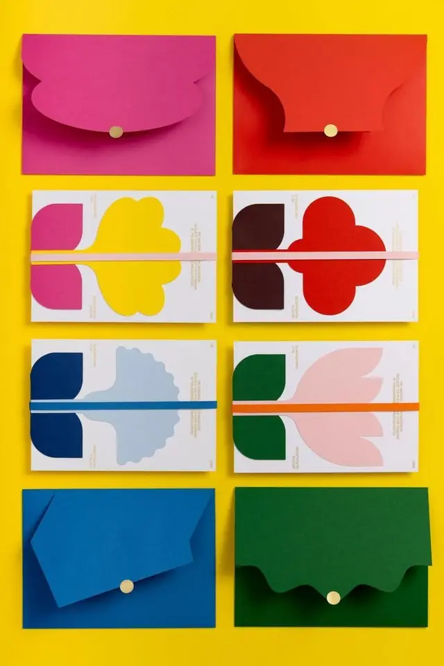 Colorful scalloped-envelope and abstract floral card stationery set