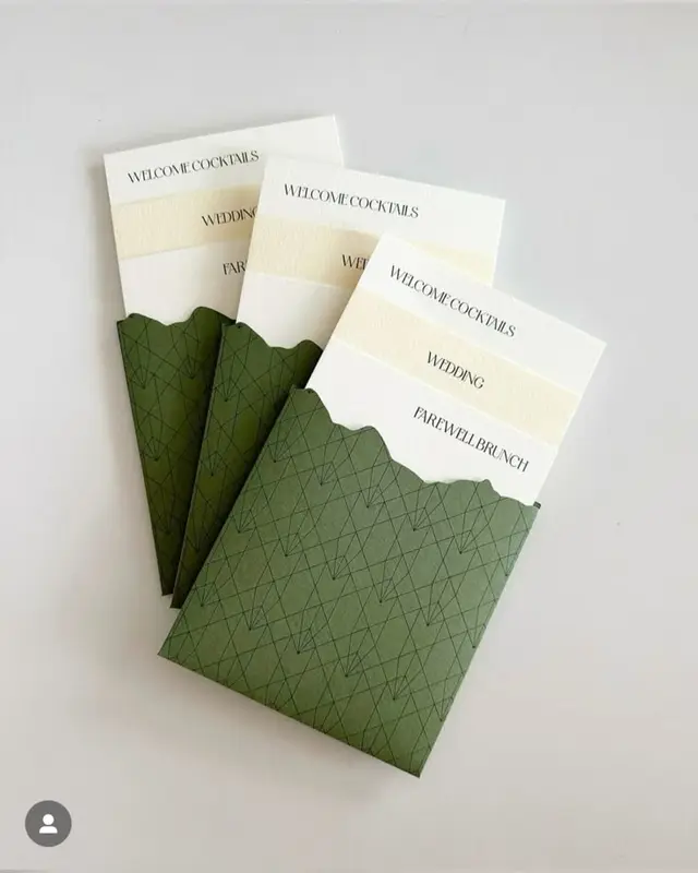 Olive green pocket envelopes with cream wedding itinerary cards