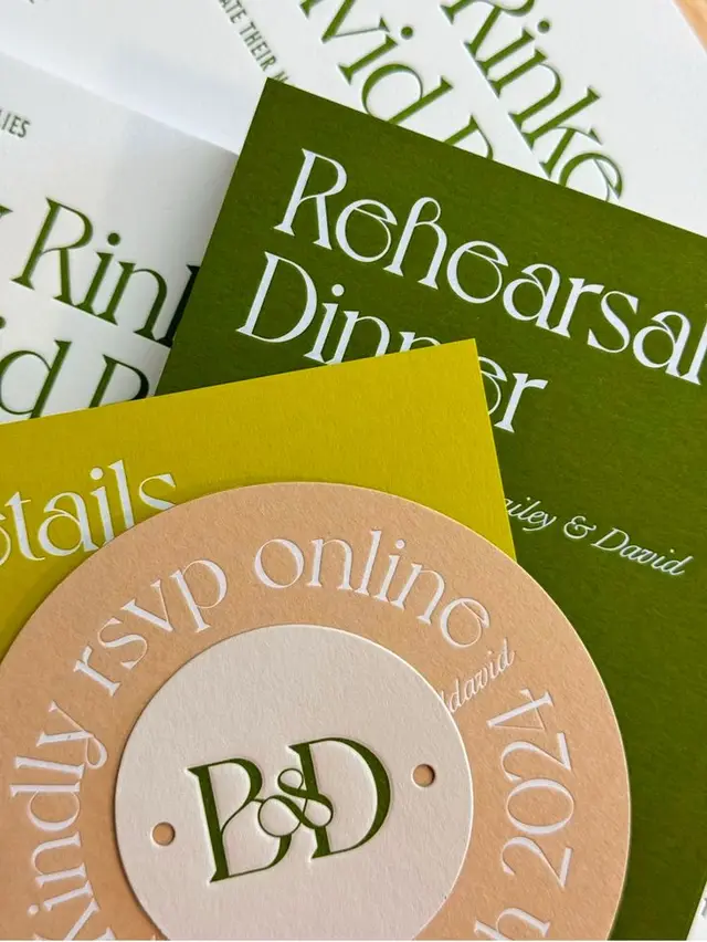 Olive green rehearsal dinner invite with peach round RSVP (B&D monogram)