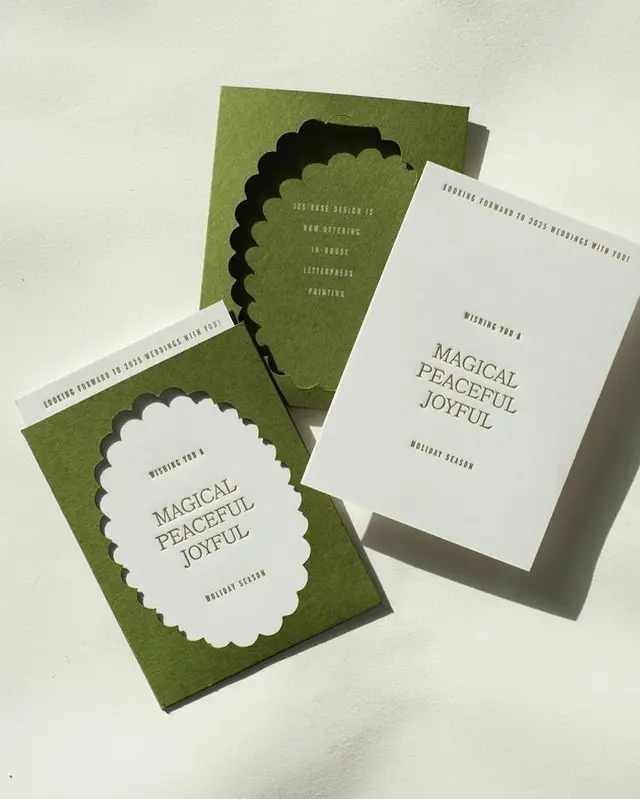 Olive green scalloped die-cut holiday greeting cards with letterpress text