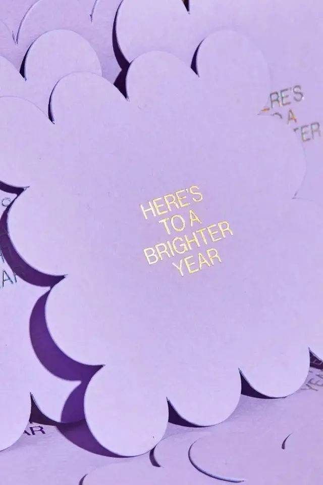 Lilac scalloped greeting cards with gold foil — "HERE'S TO A BRIGHTER YEAR"