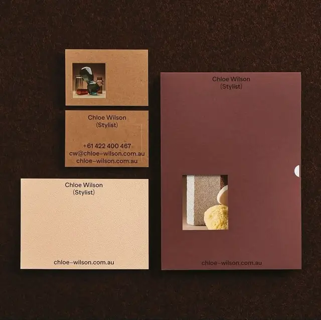 Chloe Wilson (Stylist) stationery — terracotta die-cut folder & textured business cards