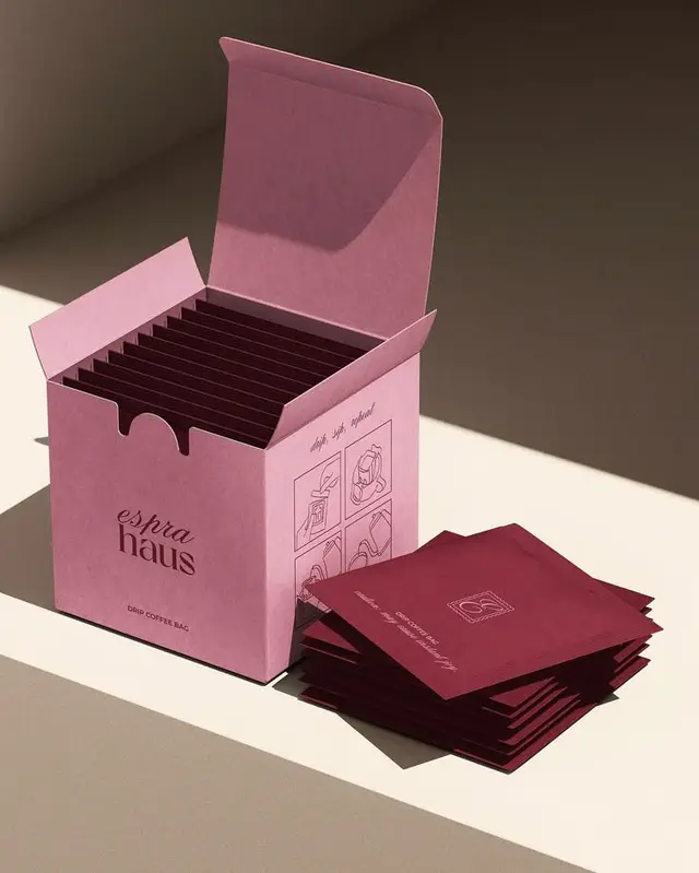espa haus pink carton with maroon drip coffee sachets